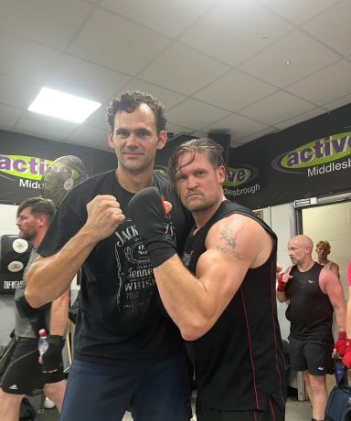 Me with one of my clients getting ready for the UWCB charity night boxing.